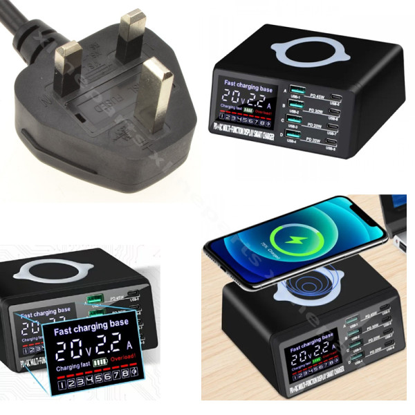 Wireless Charger and 4xUSB/ 4 USB-C Digital Display WLX X9D 5V 115W UK