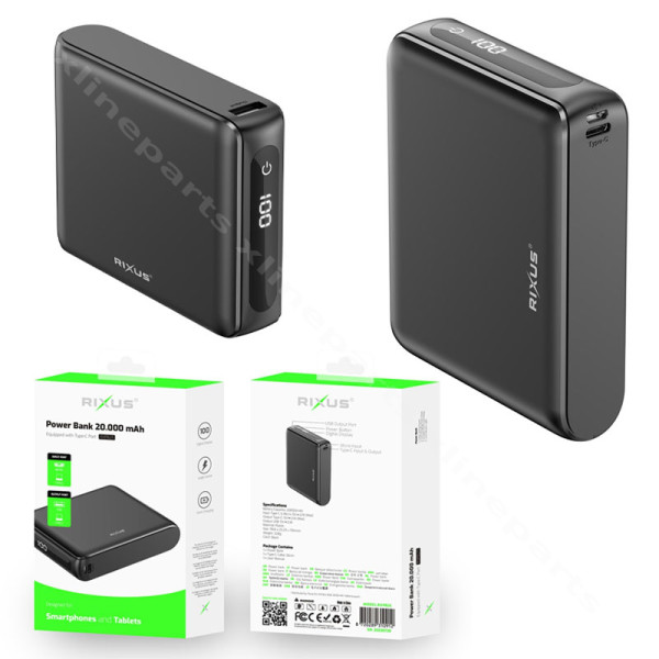 Power Bank Rixus Digital Display RXPB25 USB/ USB-C/ Micro USB 20000mAh black
