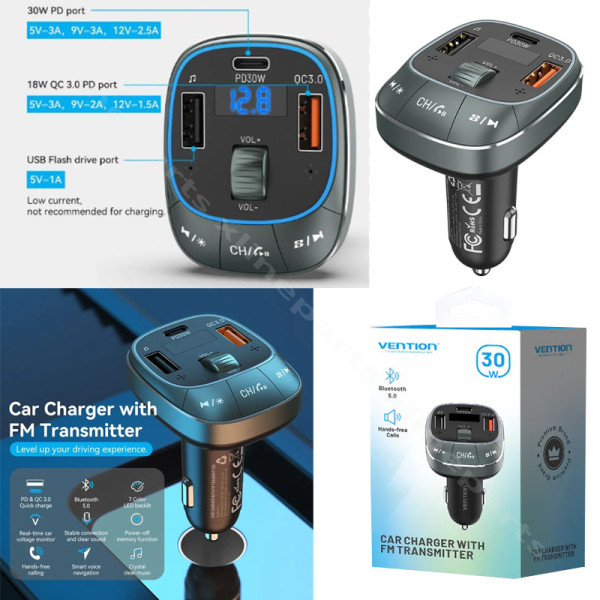 Bluetooth FM Car Transmitter Dual USB/ USB-C Vention FFLBO black