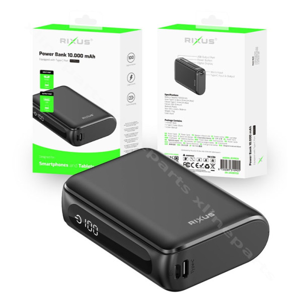 Power Bank Rixus Digital Display RXPB24 USB-C/ MICRO USB 10000MAH Black