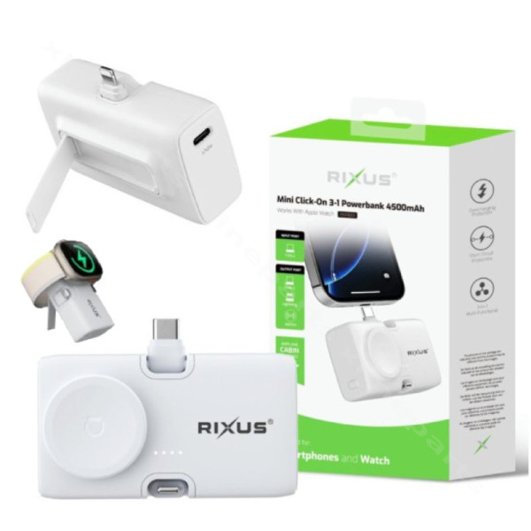 Power Bank Rixus RXPB13 Mini Click-On 3-in-1 USB-C/ Lightning/ Watch Charging 4500mAh white