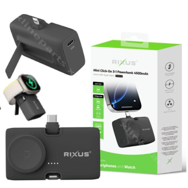 Power Bank Rixus RXPB13B Mini Click-On 3-in-1 USB-C/ Lightning/ Watch Charging 4500mAh black