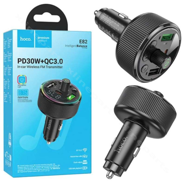 Bluetooth FM Car Transmitter Dual USB / USB-C Hoco E82 black